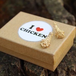 🐓 NEW Gold Chicken drumstick STUD earrings made in NYC Cute Foodie Gift, unisex